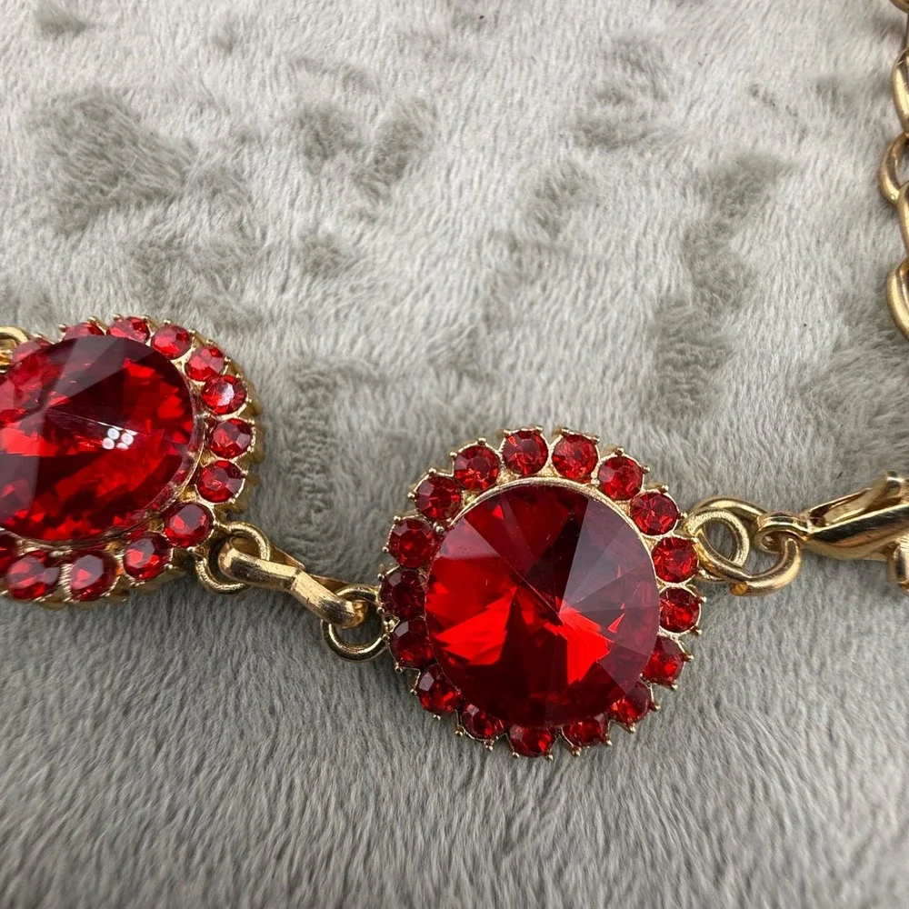 Chain Belt Red Rhinestone Gold Tone Adjustable 44in